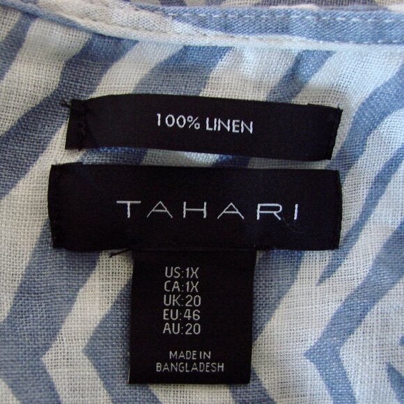 Linen Tunic Top Blue White Button Front Roll Tab Sleeves Tahari Plus Size 1X - Picture 3 of 15